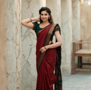 Dark Red with BGreen beauty kalyani cotton saree