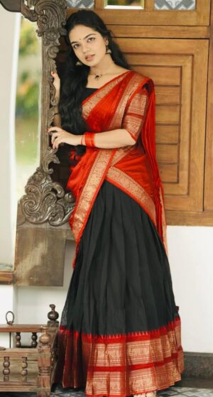 Handloom Black & Maroon Kanchi Cotton Half Saree