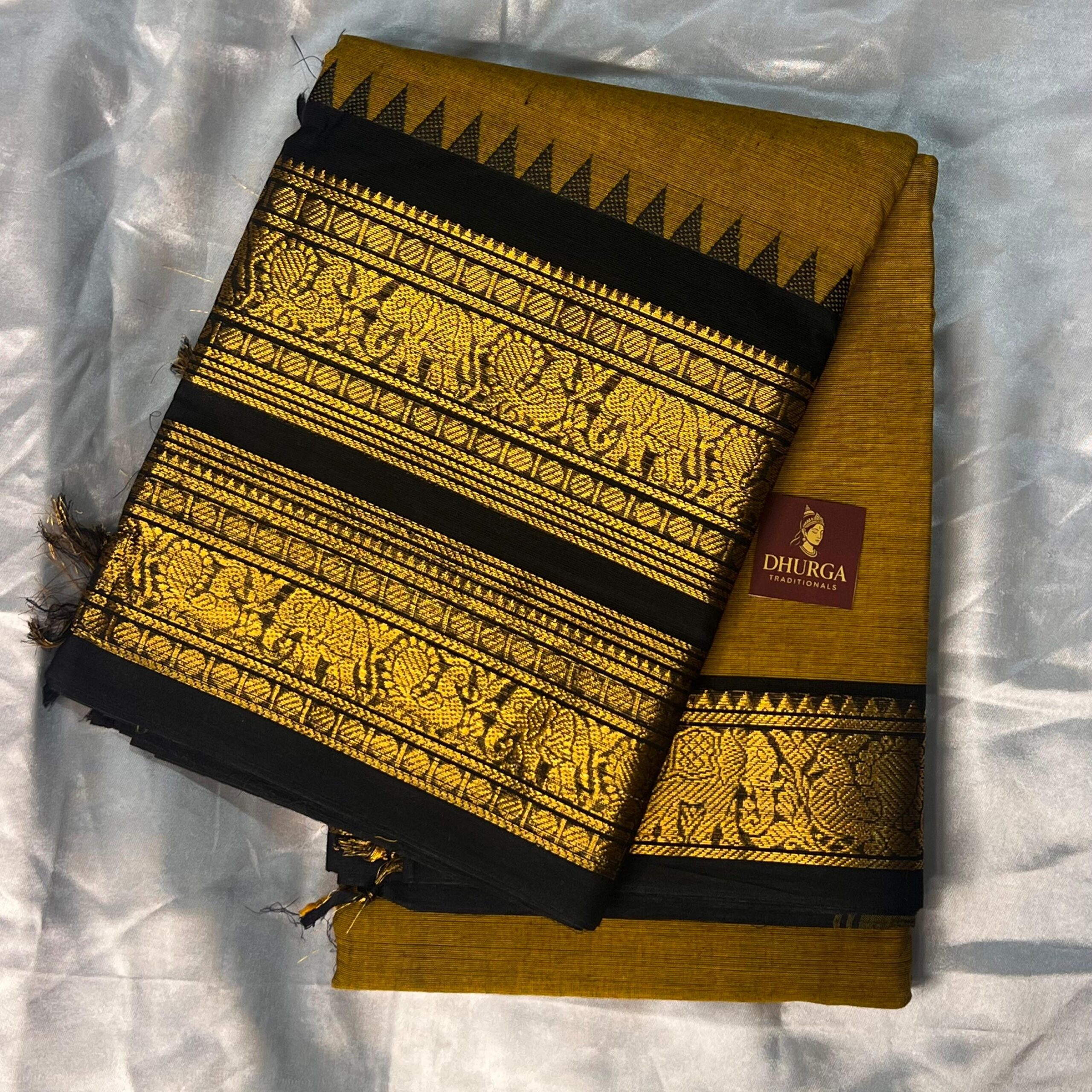 Handloom Mustard Yellow & Black Kanchi Cotton Saree - Image 3