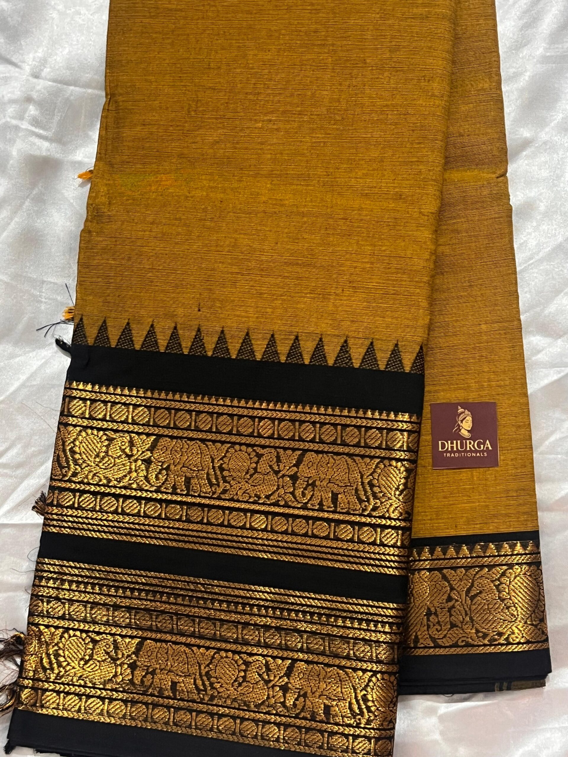 Handloom Mustard Yellow & Black Kanchi Cotton Saree - Image 4