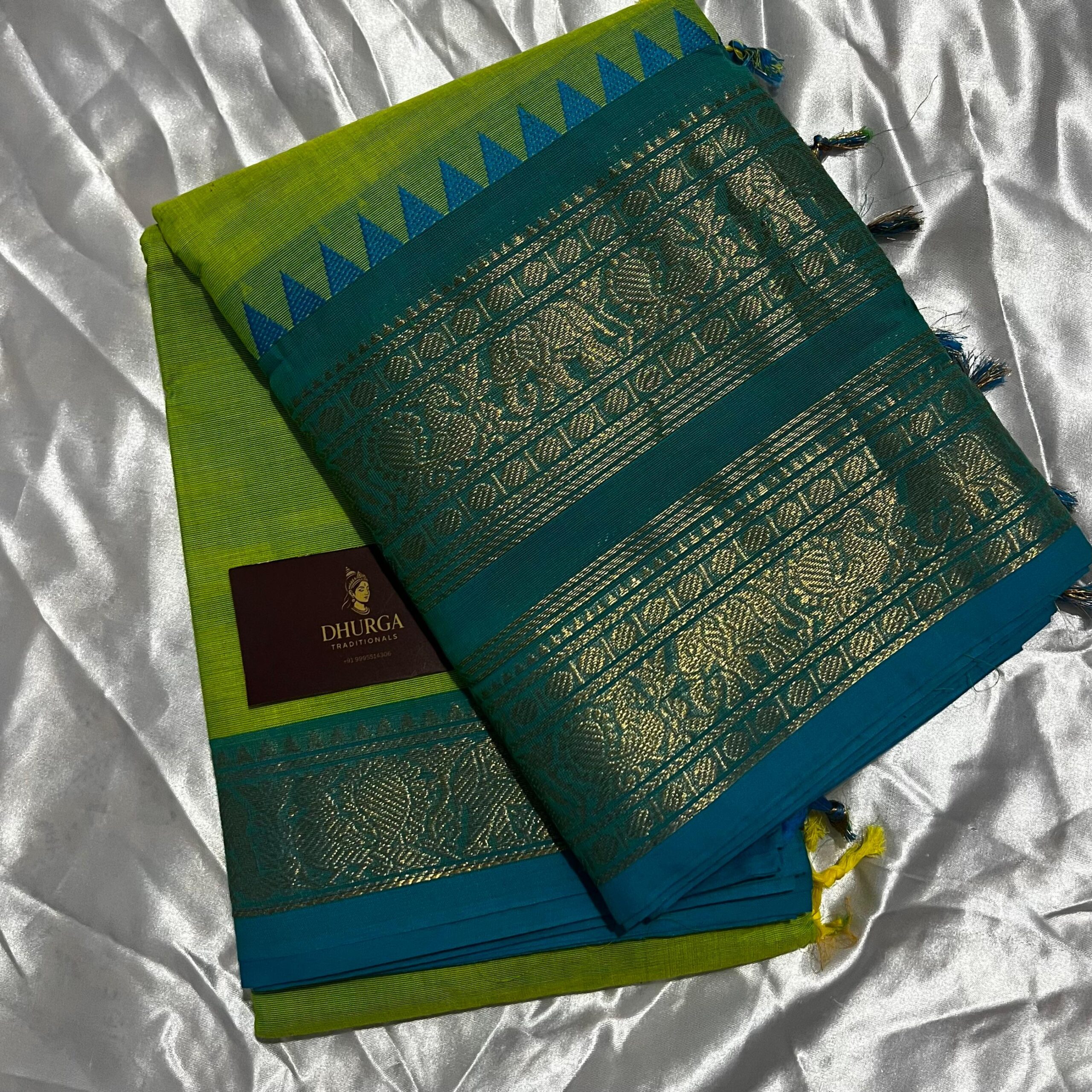 Handloom Pachapayar & Sea Green Kanchi Cotton Saree - Image 2