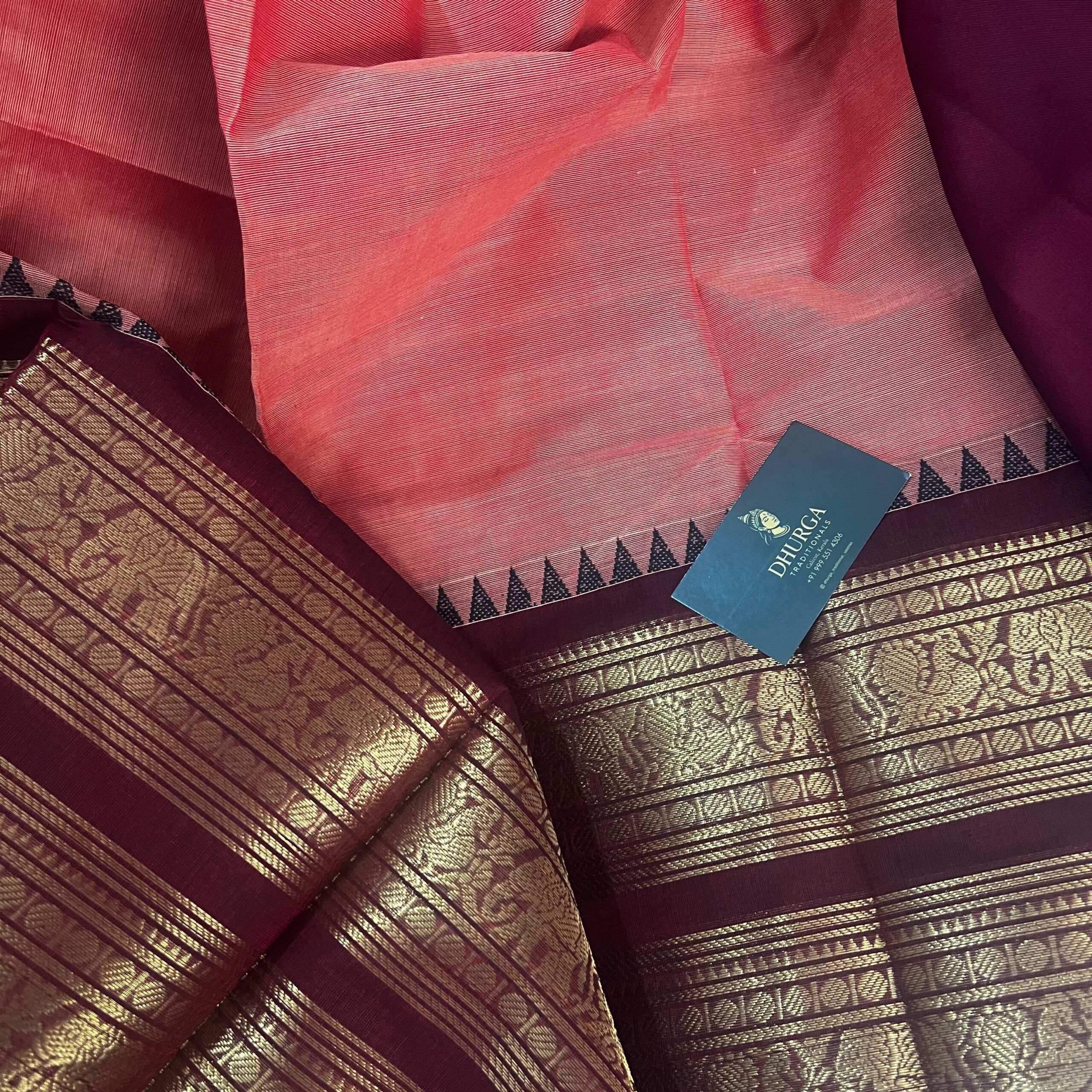 Handloom Pink & Maroon Kanchi Cotton Saree - Image 2