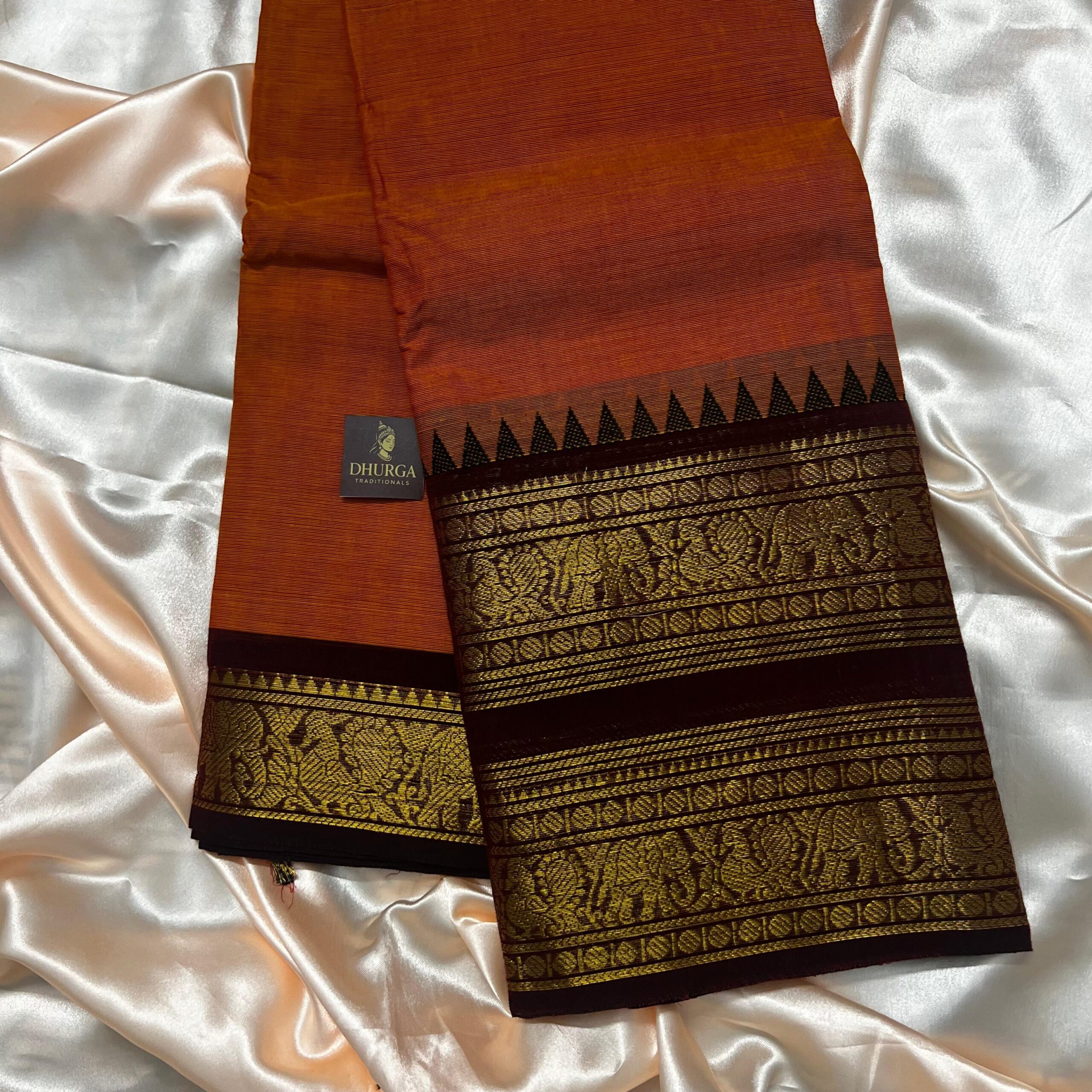 Handloom Rusty Orange & Brick Red Kanchi Cotton Saree - Image 3