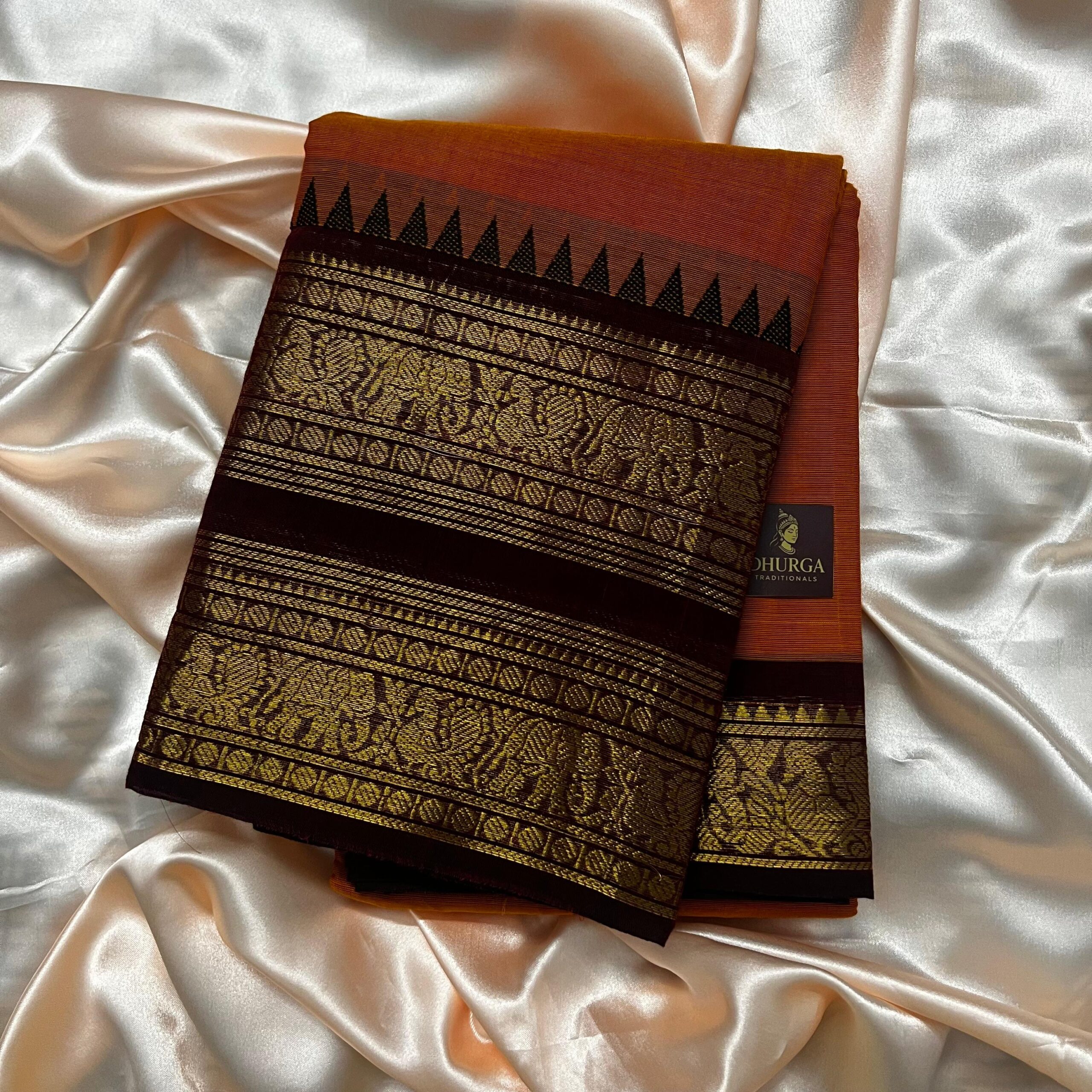 Handloom Rusty Orange & Brick Red Kanchi Cotton Saree - Image 4