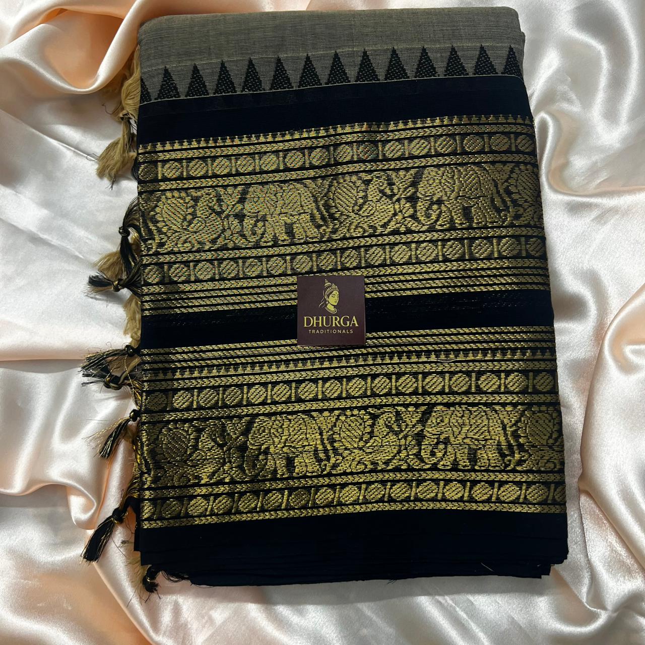 Handloom Ash & Black Kanchi Cotton Saree - Image 2