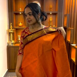 Handloom Rusty Orange & Brick Red Kanchi Cotton Saree