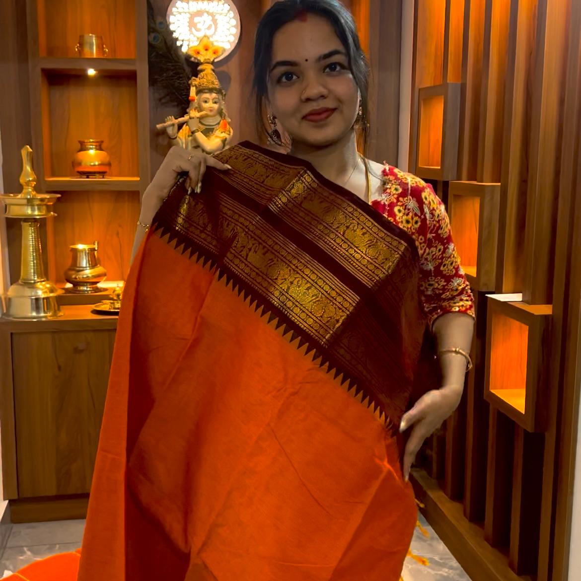 Handloom Rusty Orange & Brick Red Kanchi Cotton Saree - Image 2