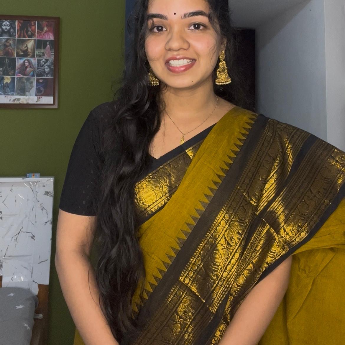 Handloom Mustard Yellow & Black Kanchi Cotton Saree