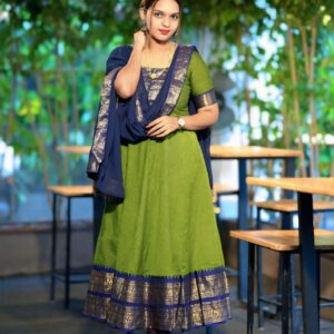 Handloom Green And Blue Kanchi Cotton Churidar Set (Unstiched)