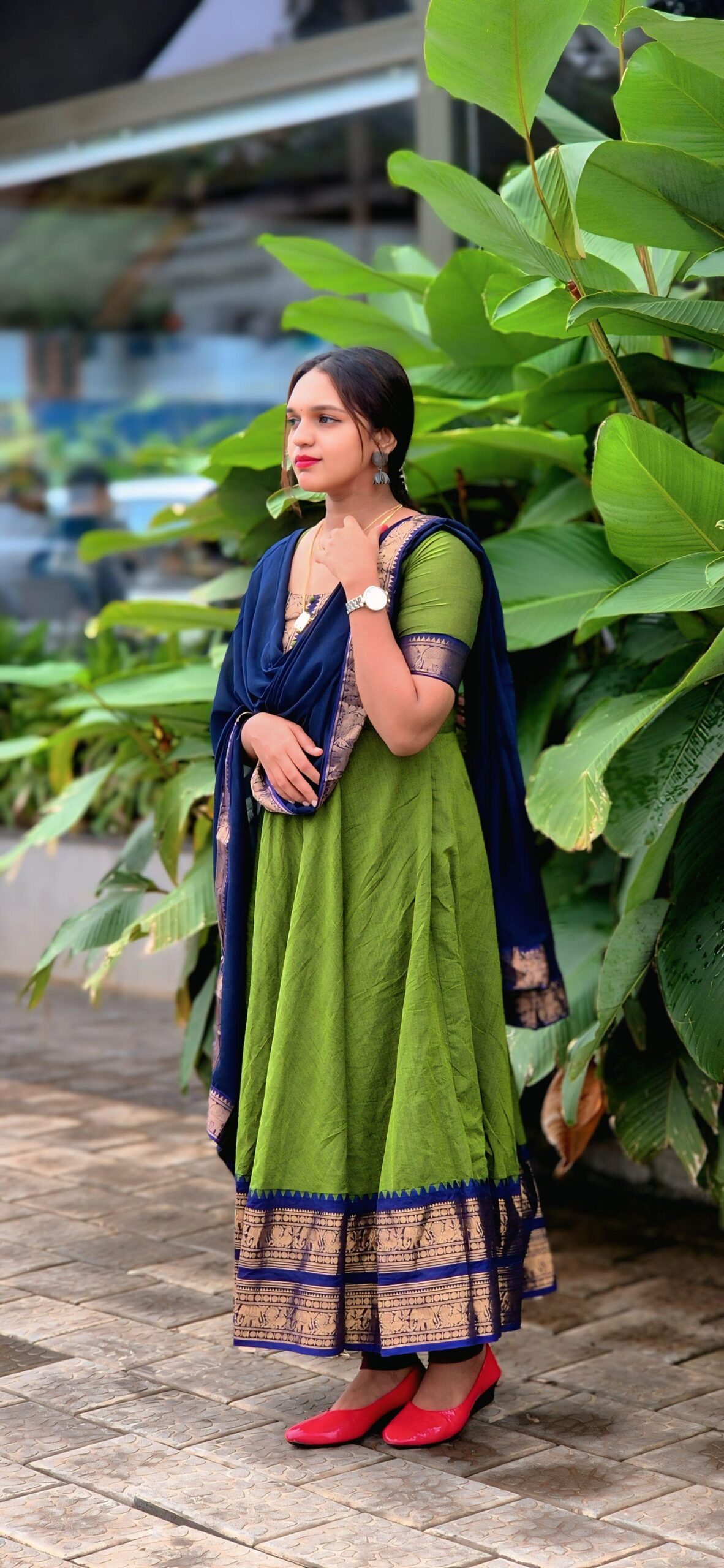 Handloom Green And Blue Kanchi Cotton Churidar Set (Unstiched) - Image 2