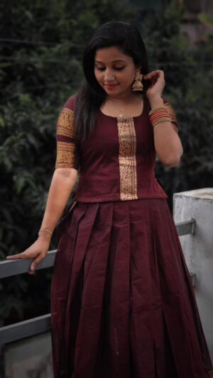 COFFEE BROWN TOP & SKIRT HANDLOOM KANCHICOTTON