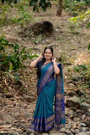 Handloom Kanchi Cotton Saree Peackoak Blue with Dark Blue