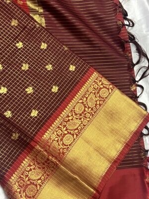 BANARASI SEMI KANCHIVARAM CHECKED SAREE MAROON & RED
