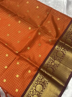 BANARASI SEMI KANCHIVARAM CHECKED SAREE ORANGE & BROWN