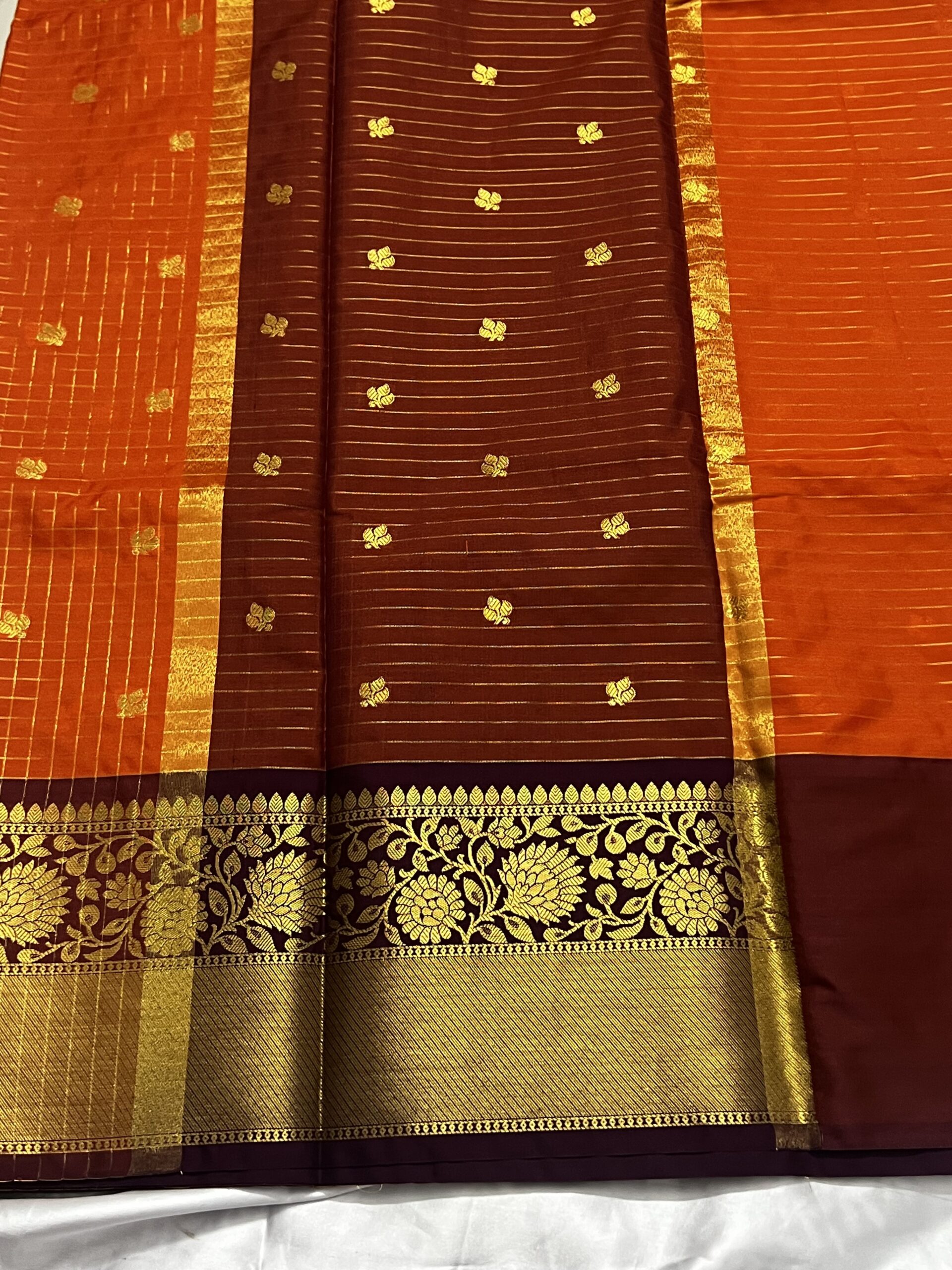 BANARASI SEMI KANCHIVARAM CHECKED SAREE ORANGE & BROWN - Image 2