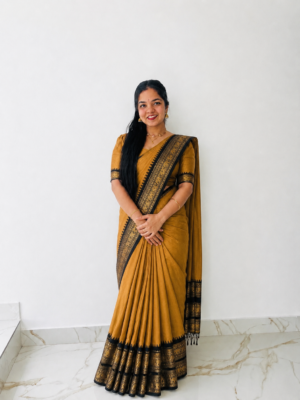 Handloom Mustard Yellow & Black Kanchi Cotton Saree