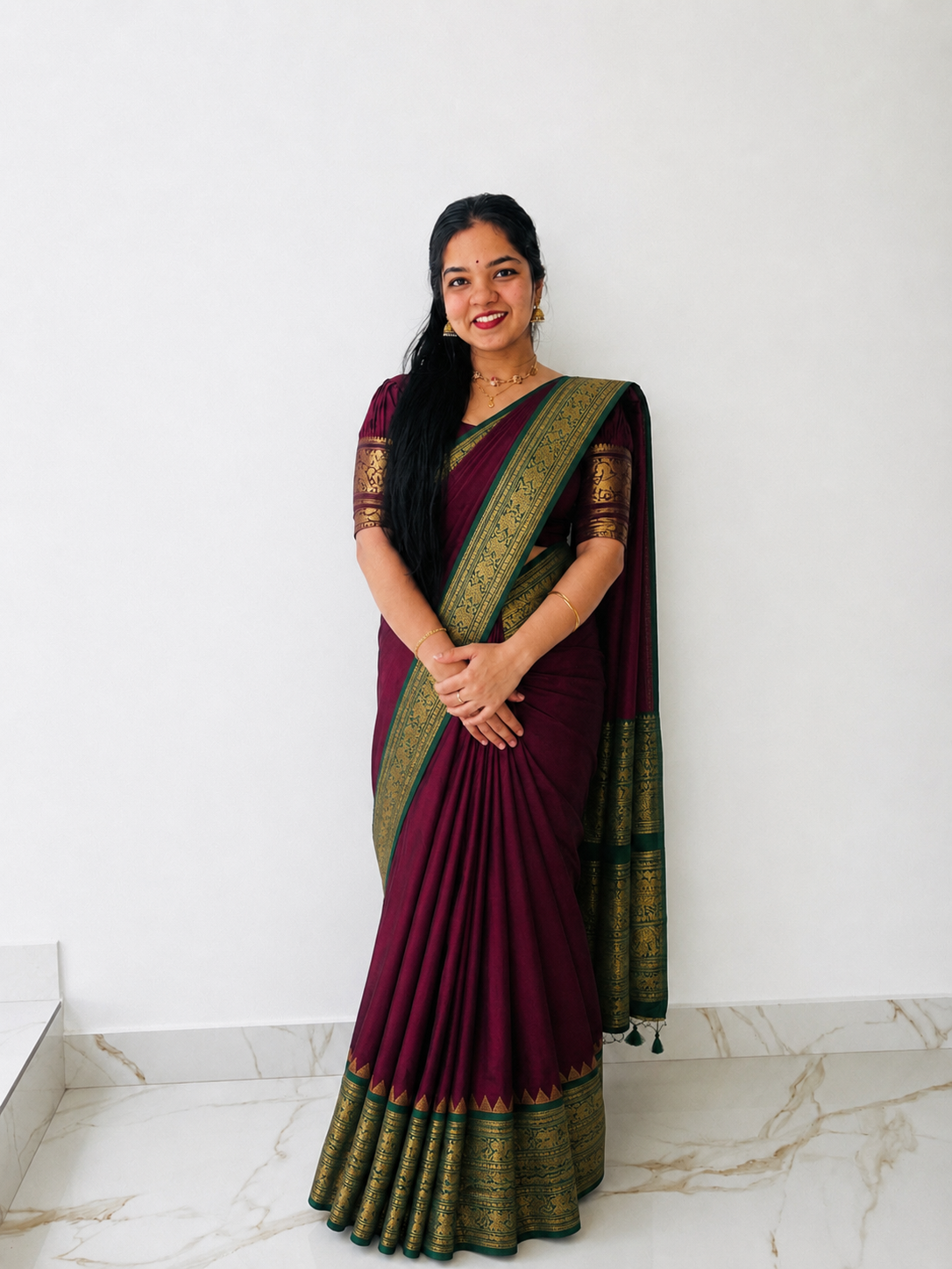 HANDLOOM WINE & GREEN KANCHICOTTON SAREE