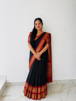 HANDLOOM  BLACK AND MAROON KANCHICOTTON SAREE
