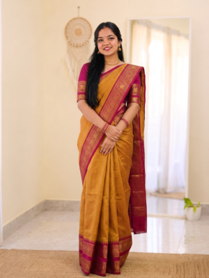 HANDLOOM YEKLLOW & PINK KANCHICOTTON SAREE