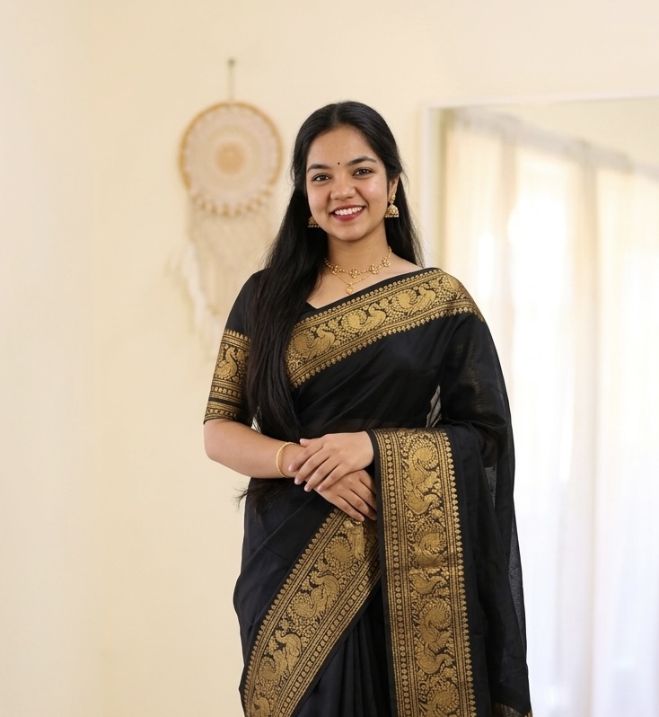 Handloom Black & Golden Kanchi Cotton Saree