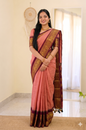 Handloom Pink & Maroon Kanchi Cotton Saree