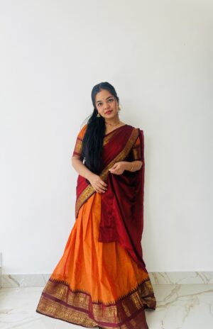 Handloom Rusty Orange & Brick Red Kanchi Cotton Half Saree(UNSTITCHED)