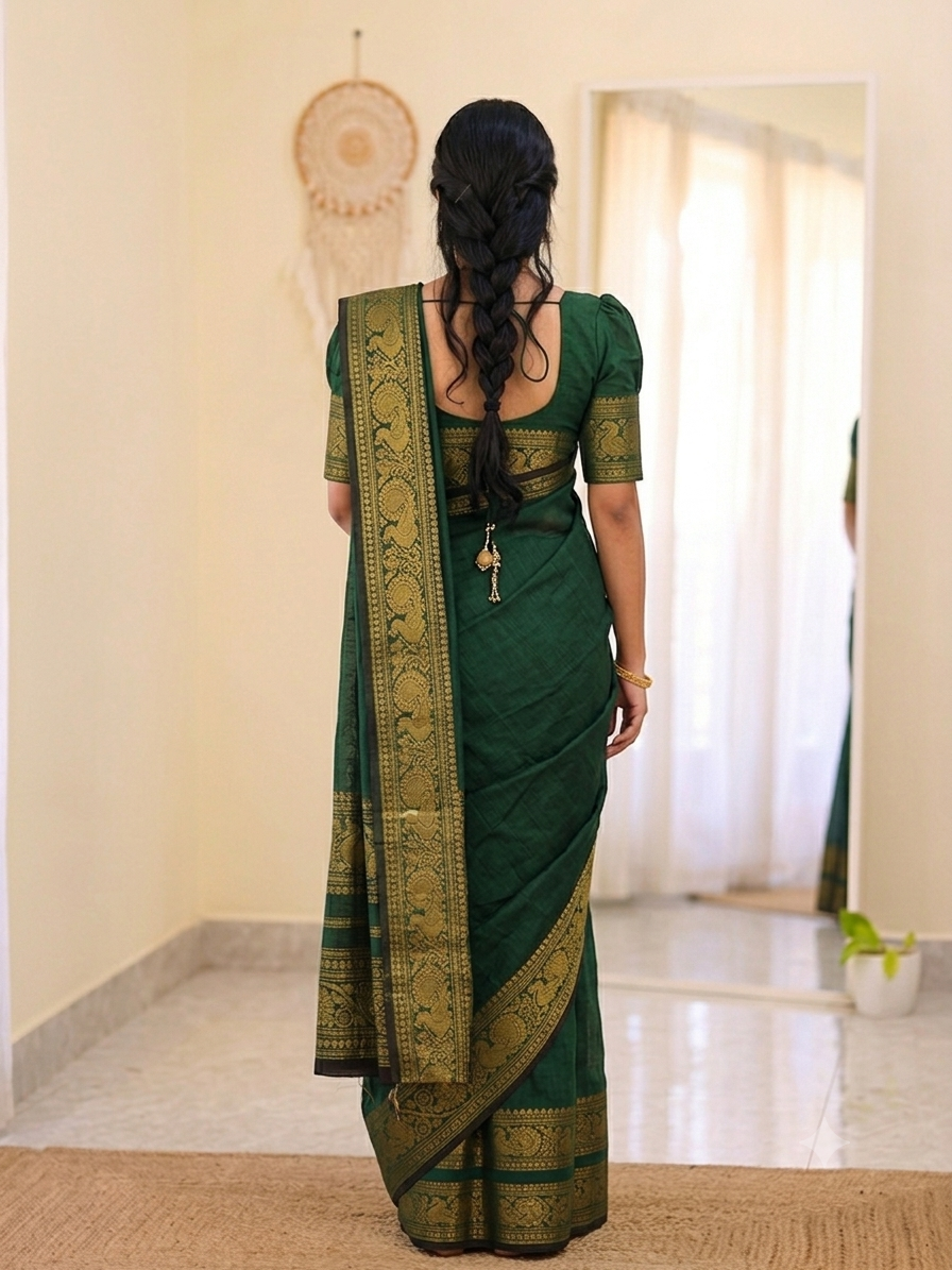 HANDLOOM GREEN KANCHICOTTON SAREE - Image 2