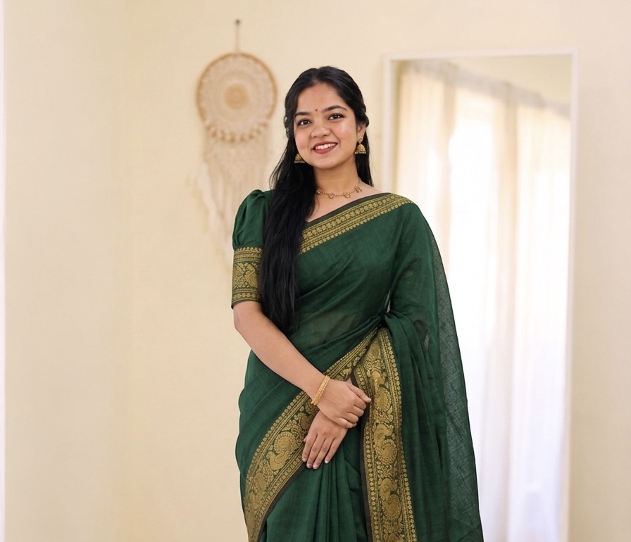HANDLOOM GREEN KANCHICOTTON SAREE