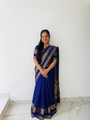 INK BLUE & GOLDEN ZARI HANDLOOM KANCHICOTTON SAREE