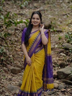 HANDLOOM YELLOW & VIOLET KANCHICOTTON SAREE