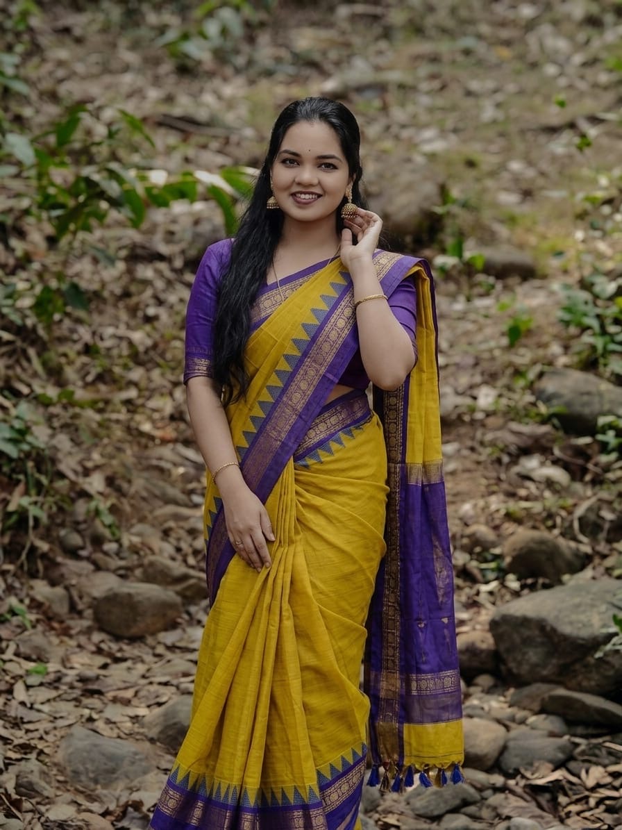 HANDLOOM YELLOW & VIOLET KANCHICOTTON SAREE