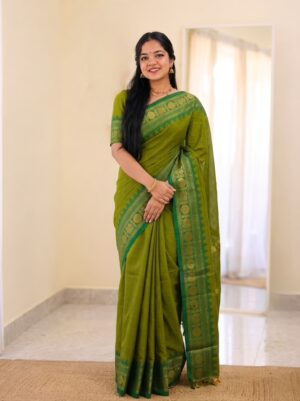 Handloom Light Green And Dark Green Kanchi Cotton Saree