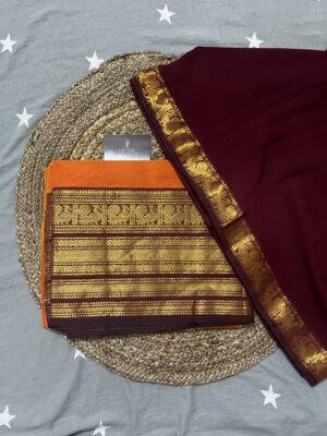 Handloom Rusty Orange&Maroon Kanchi Cotton Half Saree (UNSTITCHED)