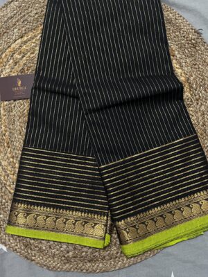 DIAMOND WEAVE BKACK&PISTA GREEN PURE KANCHICOTTON SAREE