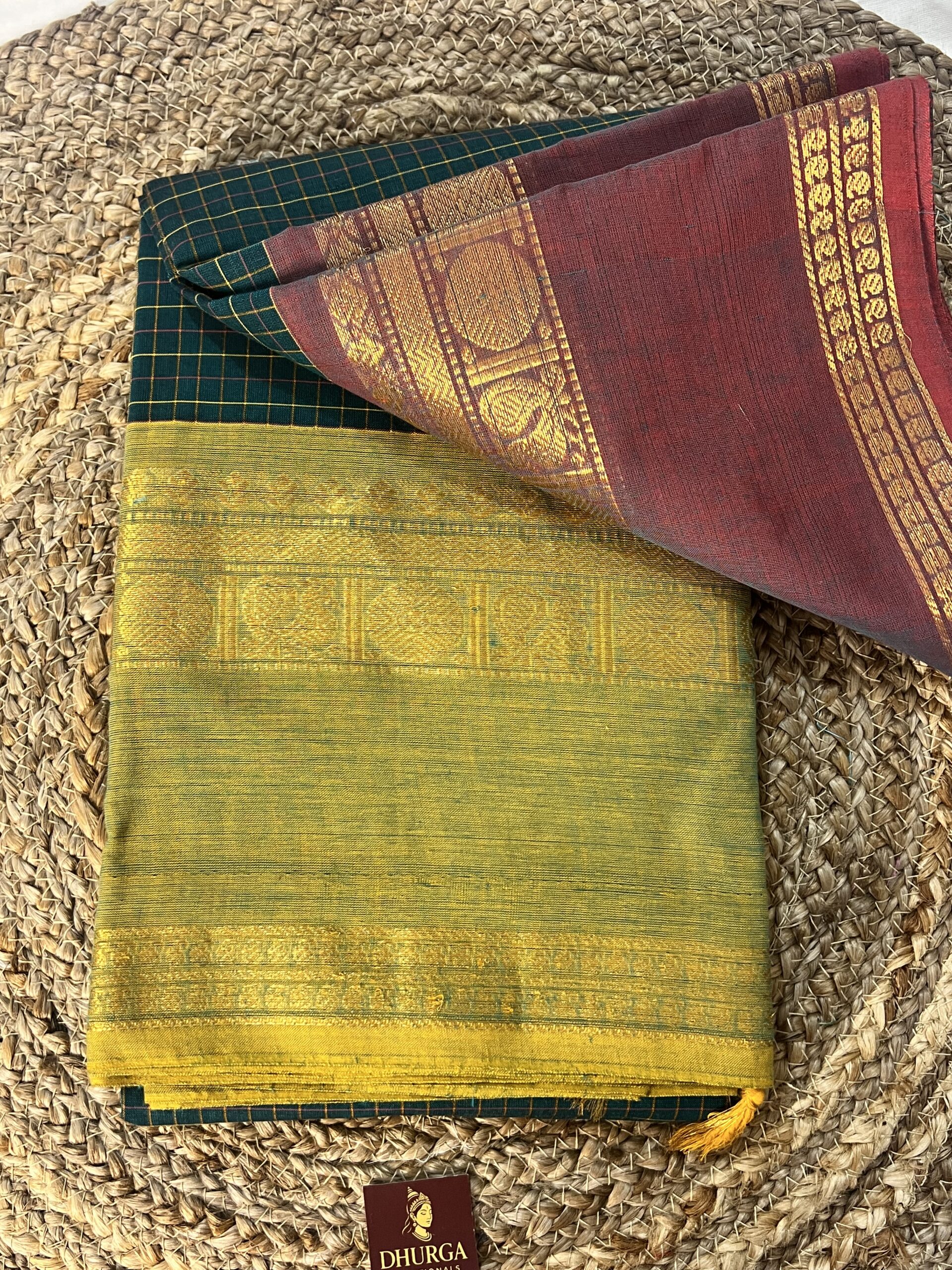 GREEN GANGA JAMUNA KANCHICOTTON PREMIUM CHECKS SAREE - Image 3