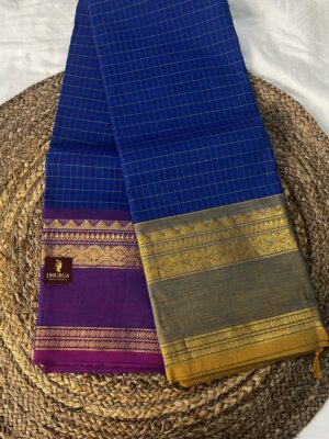 DARK BLUE GANGA JAMUNA KANCHICOTTON PREMIUM CHECKS SAREE